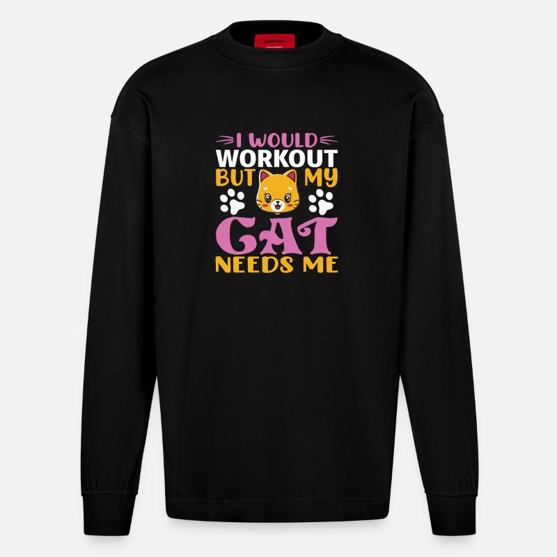 No workout cat needs me - Heavyweight Oversized Organic Longsleeve Shirt Made in EU - SOLID BLACK