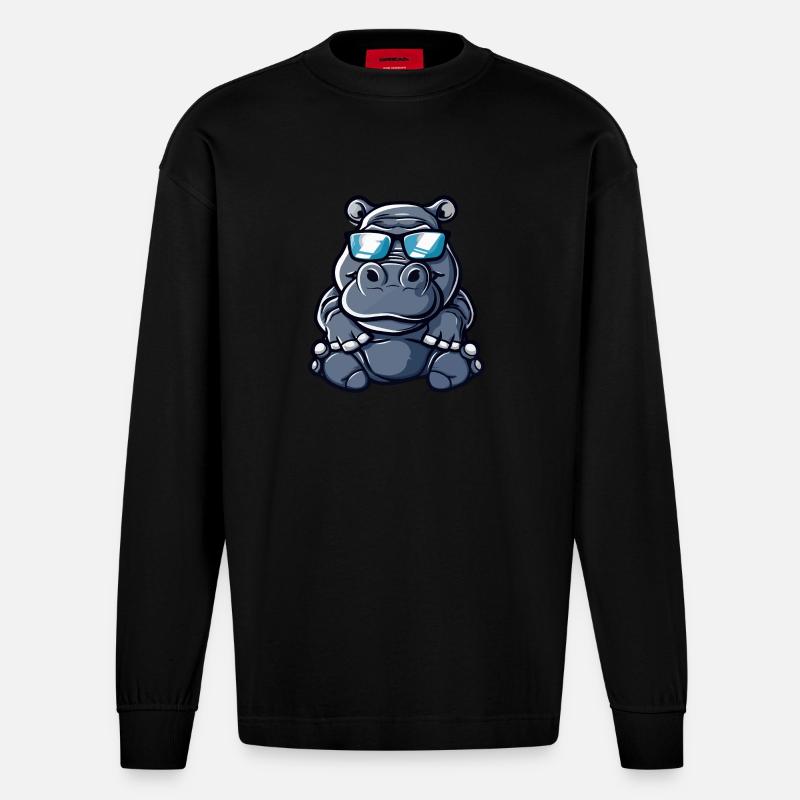 hippopotame bande dessinée cool - Manches longues bio épais oversize fabriqué en UE - SOLID BLACK