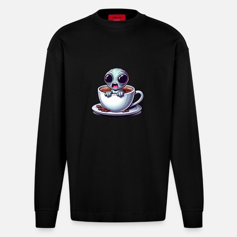 Alien Coffee Lover Caffeine Shock - Manches longues bio épais oversize fabriqué en UE - SOLID BLACK
