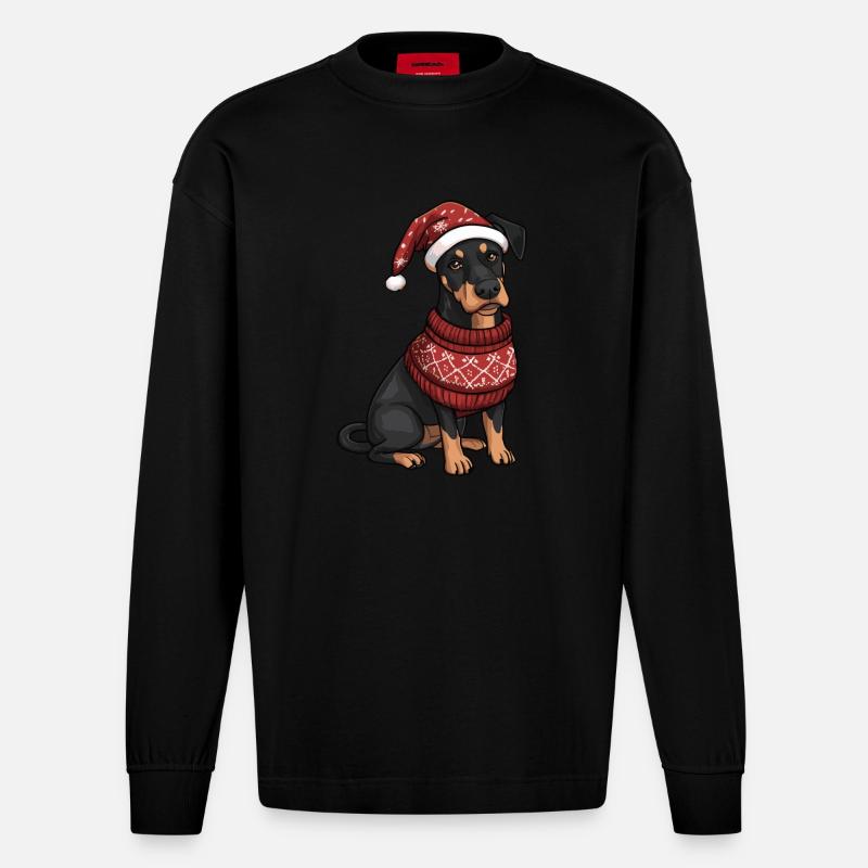 Dobermann Hund Weihnachten Comic - Heavyweight Oversized Organic Langarmshirt Made in EU - SOLID BLACK