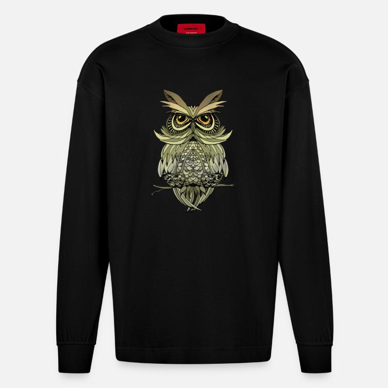 Eule Vogel - Heavyweight Oversized Organic Langarmshirt Made in EU - SOLID BLACK