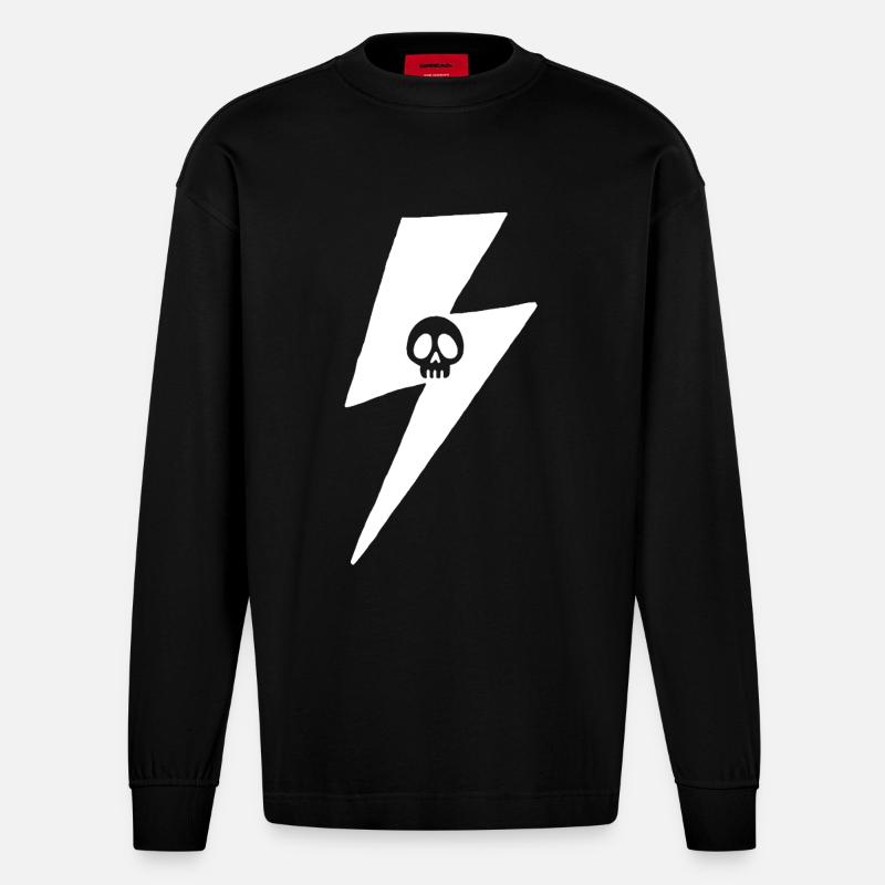 Crâne et éclair blanc - Manches longues bio épais oversize fabriqué en UE - SOLID BLACK