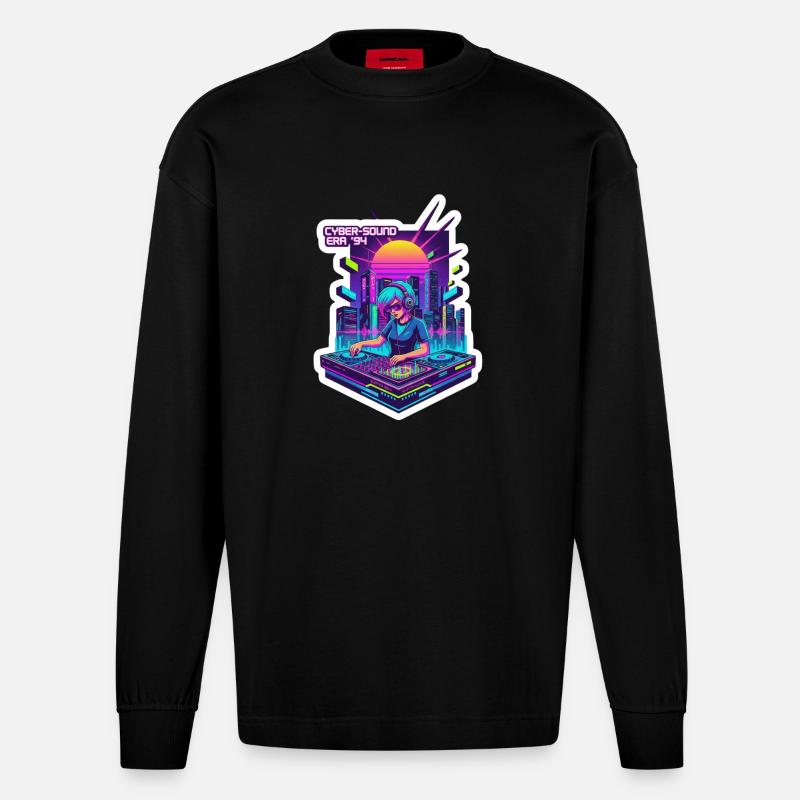 Retro Wave Cyber 90s - Heavyweight Oversized Organic Langarmshirt Made in EU - SOLID BLACK