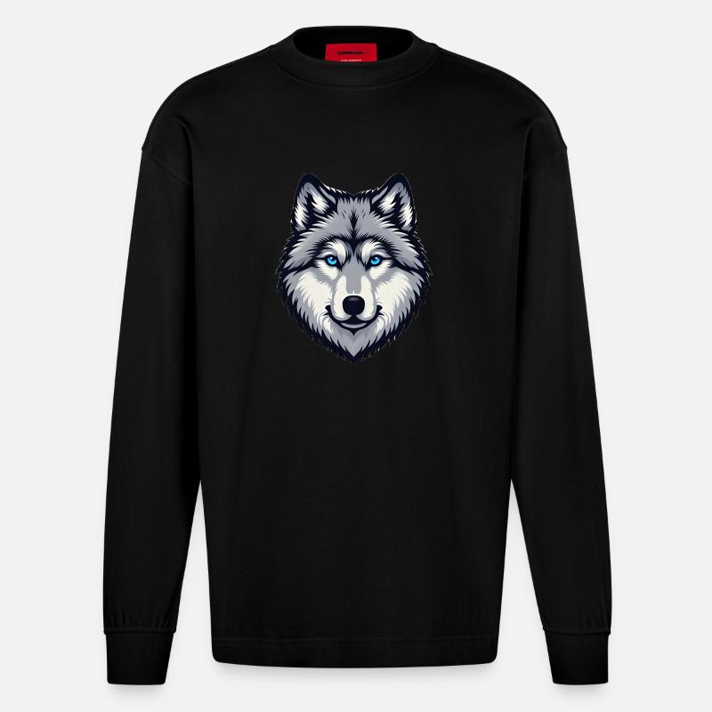Blau äugiger Wolf Kopf - Heavyweight Oversized Organic Langarmshirt Made in EU - SOLID BLACK