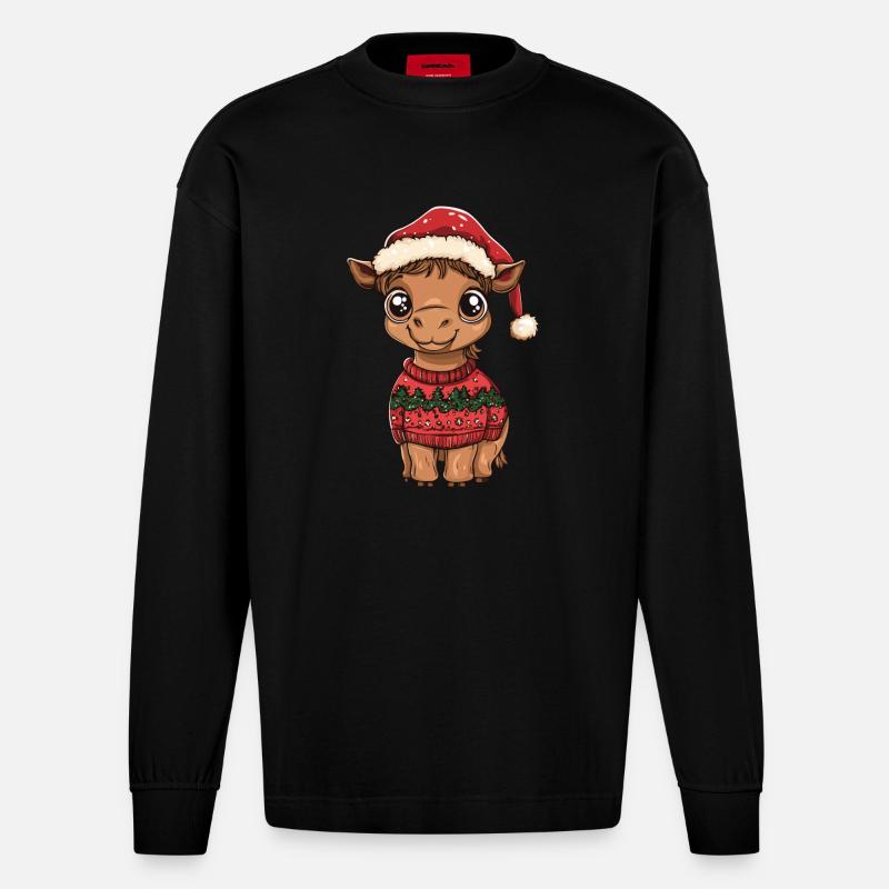 Kamel Weihnachten Comic - Heavyweight Oversized Organic Langarmshirt Made in EU - SOLID BLACK