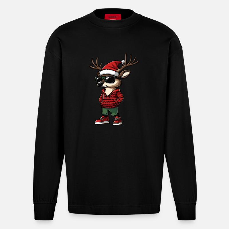 Noël du cerf Noël - Manches longues bio épais oversize fabriqué en UE - SOLID BLACK