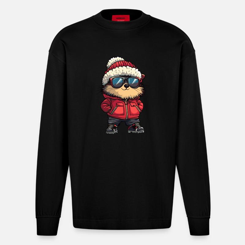 Igel Cool Comic - Heavyweight Oversized Organic Langarmshirt Made in EU - SOLID BLACK