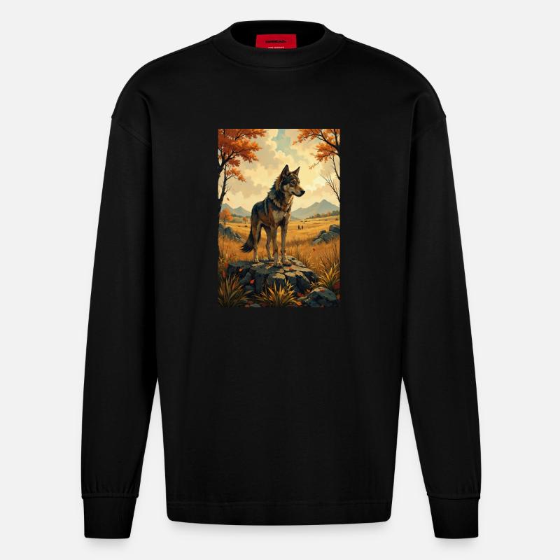 Das Bild des Wolfes - Heavyweight Oversized Organic Langarmshirt Made in EU - SOLID BLACK