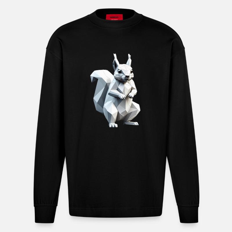 Squirrel - Cute Low Polygon Design - Heavyweight Oversized Organic Longsleeve Shirt Made in EU - SOLID BLACK