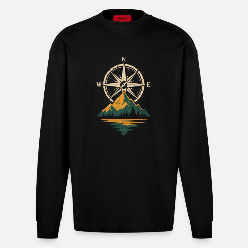 Kompass Berge Navigation - Abenteuer - Heavyweight Oversized Organic Langarmshirt Made in EU - SOLID BLACK
