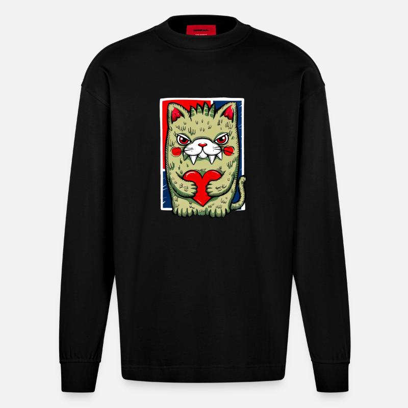 Verrückte Katze - Heavyweight Oversized Organic Langarmshirt Made in EU - SOLID BLACK