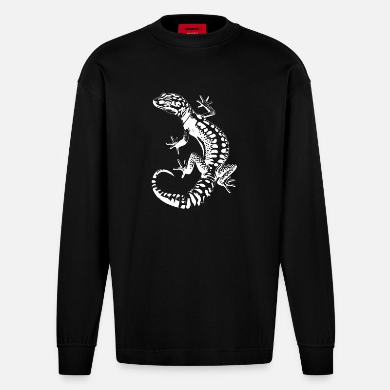 Gecko Silhouette Leopardgecko - Heavyweight Oversized Organic Langarmshirt Made in EU - SOLID BLACK