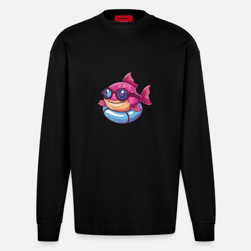 Piranha Fish Comic Cool - Heavyweight Oversized Organic Longsleeve Shirt Made in EU - SOLID BLACK