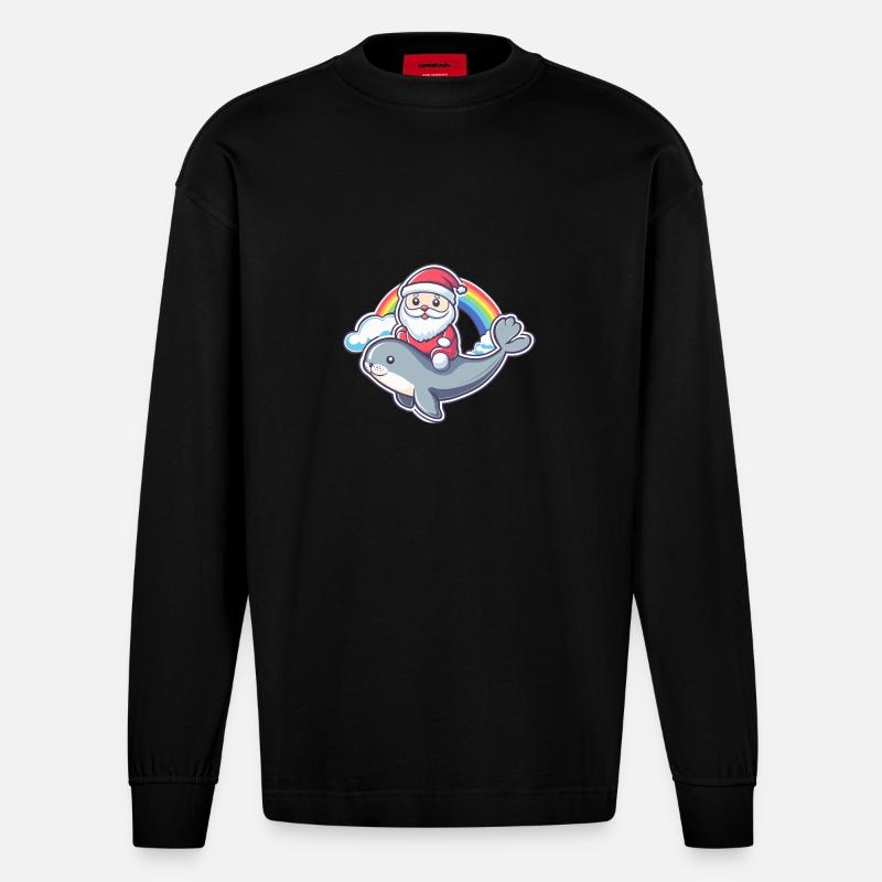 Robbe Tier Weihnachtsmann Regenbogen - Heavyweight Oversized Organic Langarmshirt Made in EU - SOLID BLACK