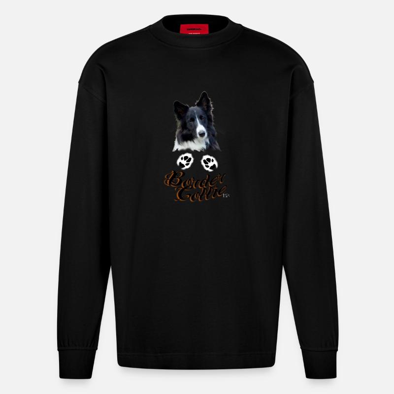 Border Collie Pfötchen - Heavyweight Oversized Organic Langarmshirt Made in EU - SOLID BLACK