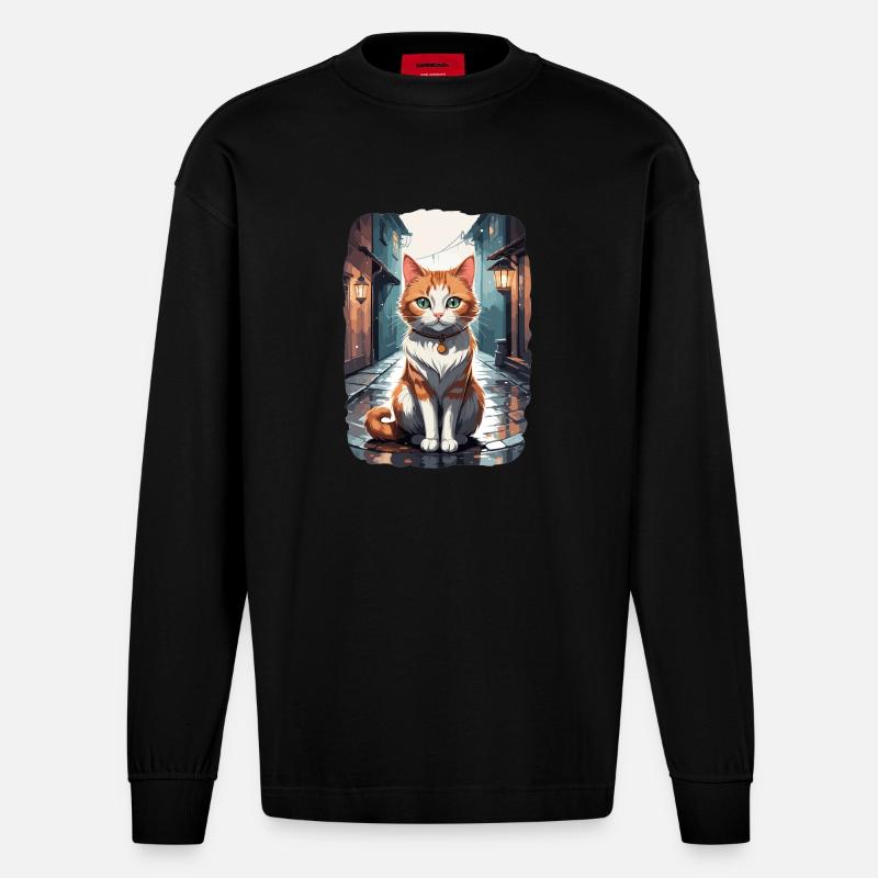 Süße Katzen in einer Straßengasse - Heavyweight Oversized Organic Langarmshirt Made in EU - SOLID BLACK