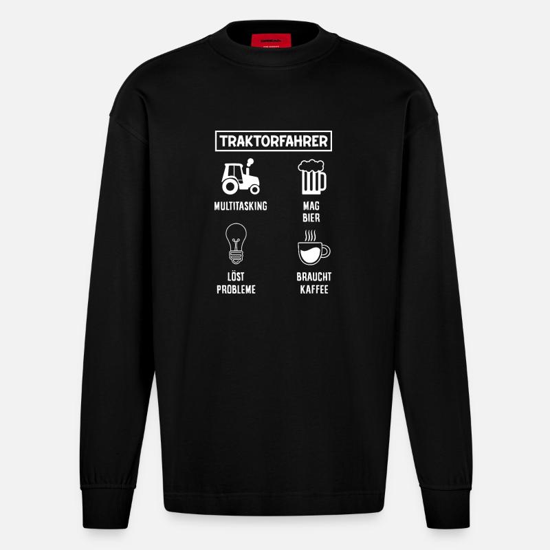 Traktorfahrer Kaffee Bier Multitasking - Heavyweight Oversized Organic Langarmshirt Made in EU - SOLID BLACK