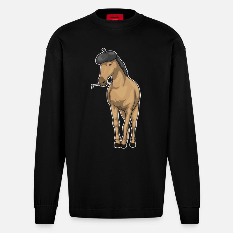 Pferd Maler Pinsel - Heavyweight Oversized Organic Langarmshirt Made in EU - SOLID BLACK