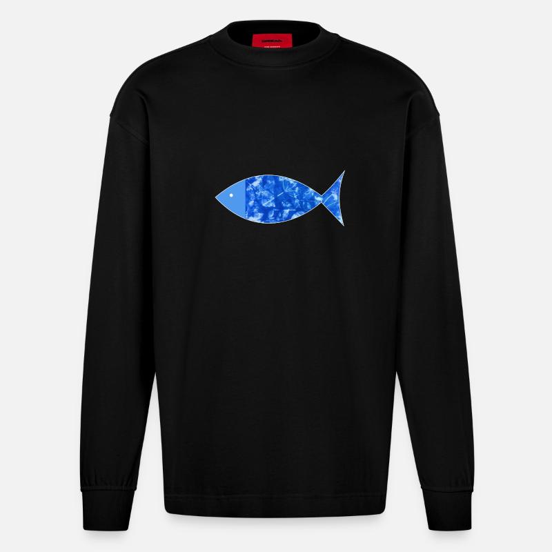 Poisson Jésus Poisson Ichthys Cyanotype Nature Imprimer - Manches longues bio épais oversize fabriqué en UE - SOLID BLACK