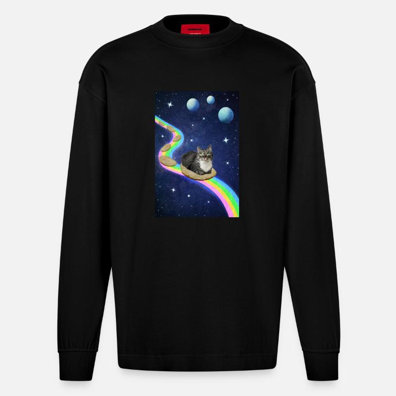 Chat mignon dans l’espace - Manches longues bio épais oversize fabriqué en UE - SOLID BLACK