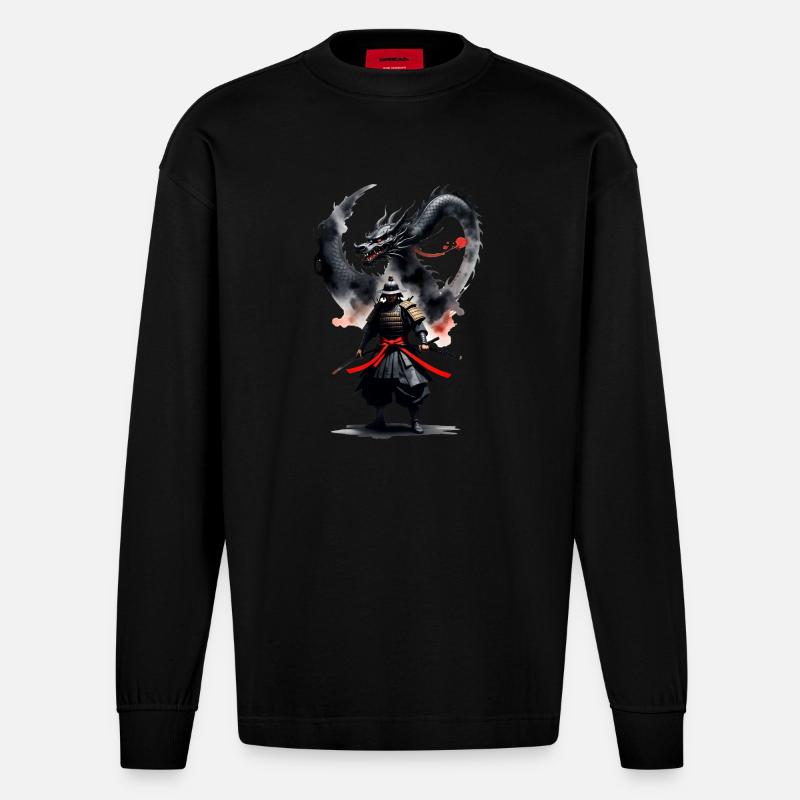 Samurai Krieger Schwarzer Drache - Heavyweight Oversized Organic Langarmshirt Made in EU - SOLID BLACK