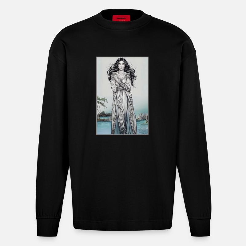 Boho-Frau mit Blumen-Tattoos - Heavyweight Oversized Organic Langarmshirt Made in EU - SOLID BLACK