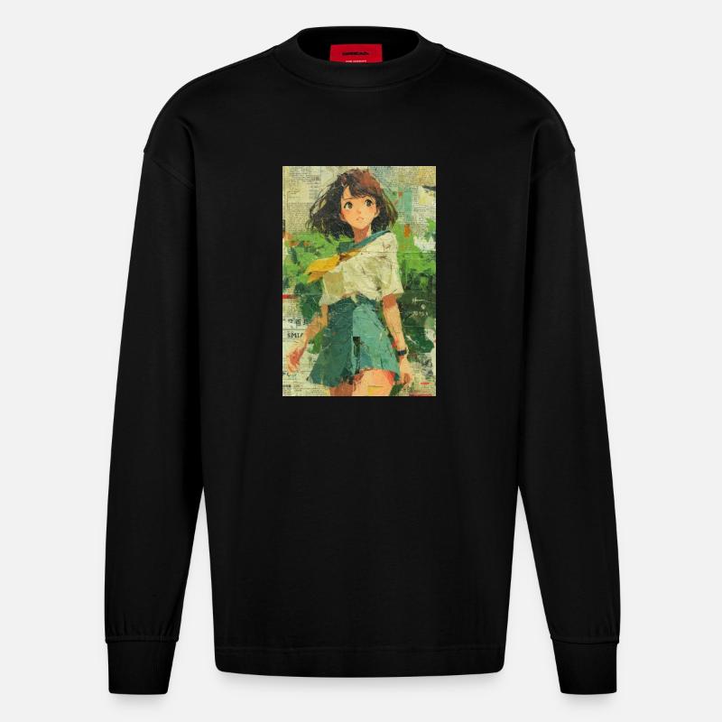 Texturierte Anime Mädchen Collage Kunst - Heavyweight Oversized Organic Langarmshirt Made in EU - SOLID BLACK