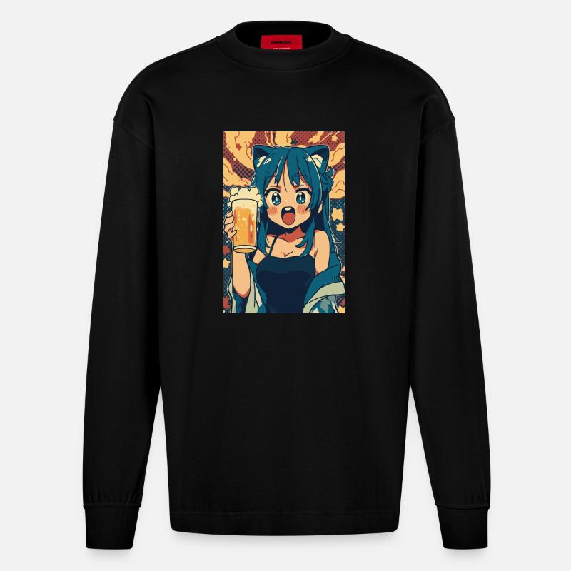 Prost! Anime Mädchen mit Bier - Heavyweight Oversized Organic Langarmshirt Made in EU - SOLID BLACK