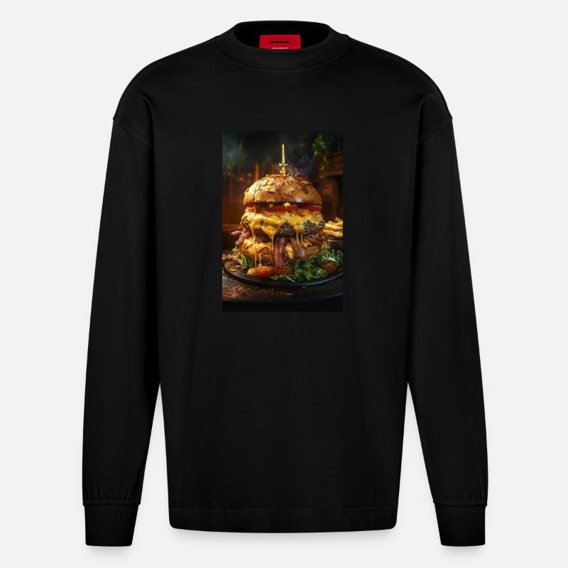 Epic Bacon Cheese Burger Stack - Heavyweight Oversized Organic Longsleeve Shirt Made in EU - SOLID BLACK