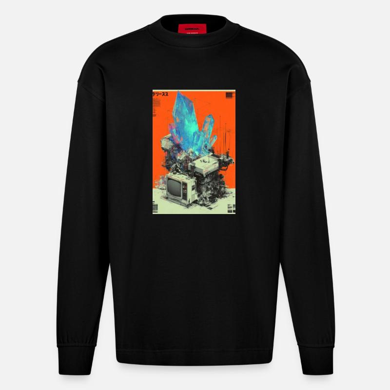 Fusion de cristaux Retro Tech - Manches longues bio épais oversize fabriqué en UE - SOLID BLACK