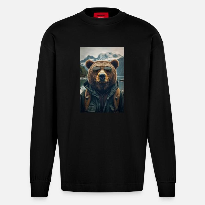 Cooler Wanderbär Entdecker - Heavyweight Oversized Organic Langarmshirt Made in EU - SOLID BLACK