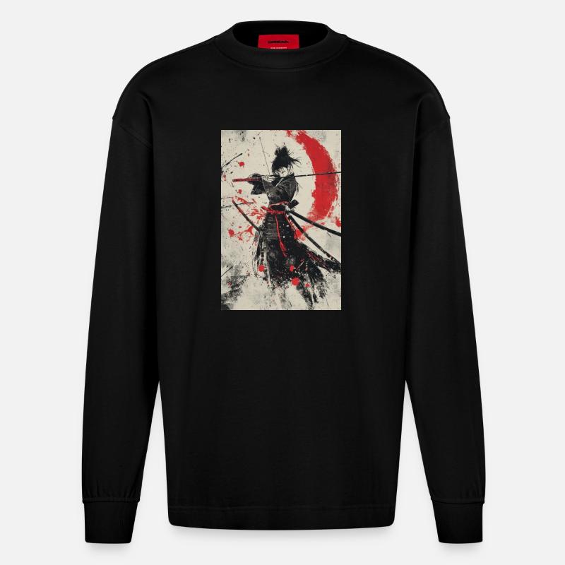 Samurai-Geist in Rot und Schwarz - Heavyweight Oversized Organic Langarmshirt Made in EU - SOLID BLACK