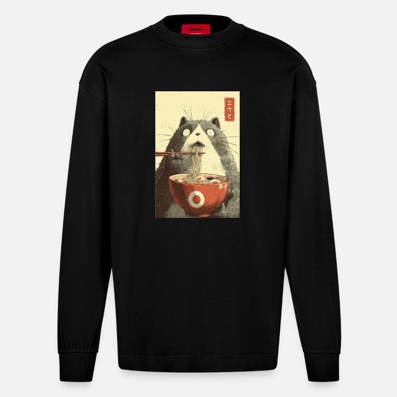 Schockierte Katze isst Ramen - Heavyweight Oversized Organic Langarmshirt Made in EU - SOLID BLACK