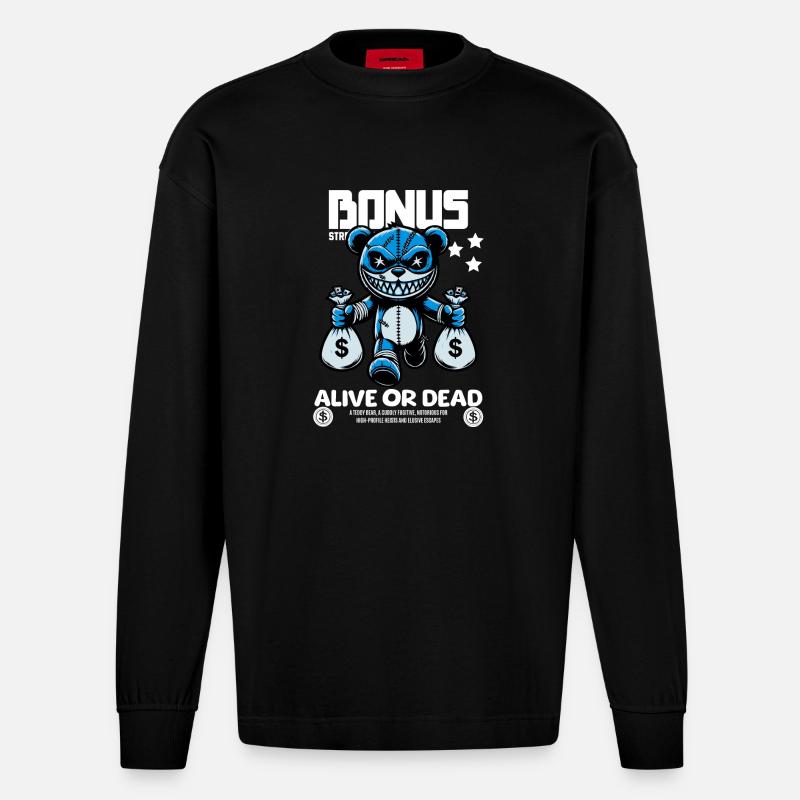 Bonus Bär – Gesucht: Lebendig oder Tot - Heavyweight Oversized Organic Langarmshirt Made in EU - SOLID BLACK