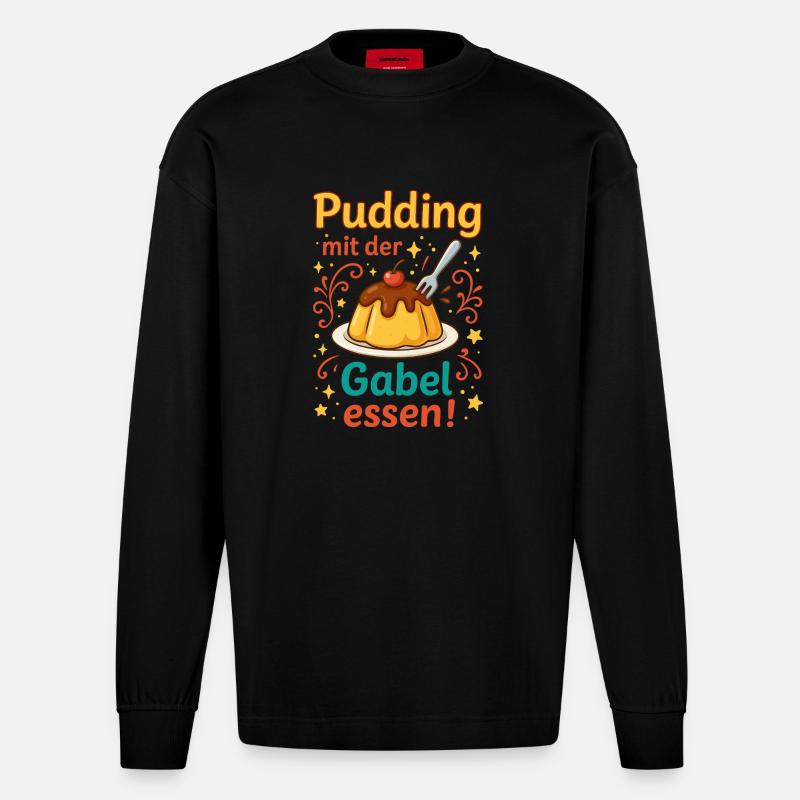 Pudding mit der Gabel Essen  - Heavyweight Oversized Organic Langarmshirt Made in EU - SOLID BLACK