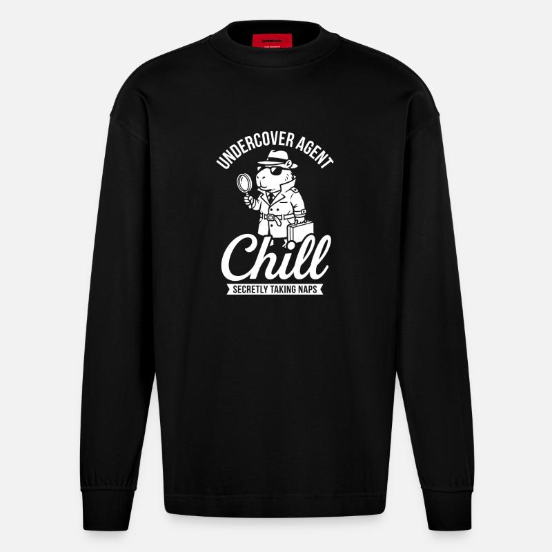 Undercover Agent Chill – Capybara - Heavyweight Oversized Organic Longsleeve Shirt Made in EU - SOLID BLACK