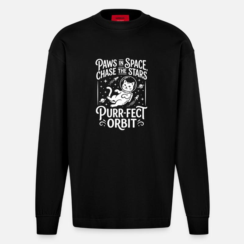 Paws in Space – Purr-fect Orbit - Heavyweight Oversized Organic Langarmshirt Made in EU - SOLID BLACK