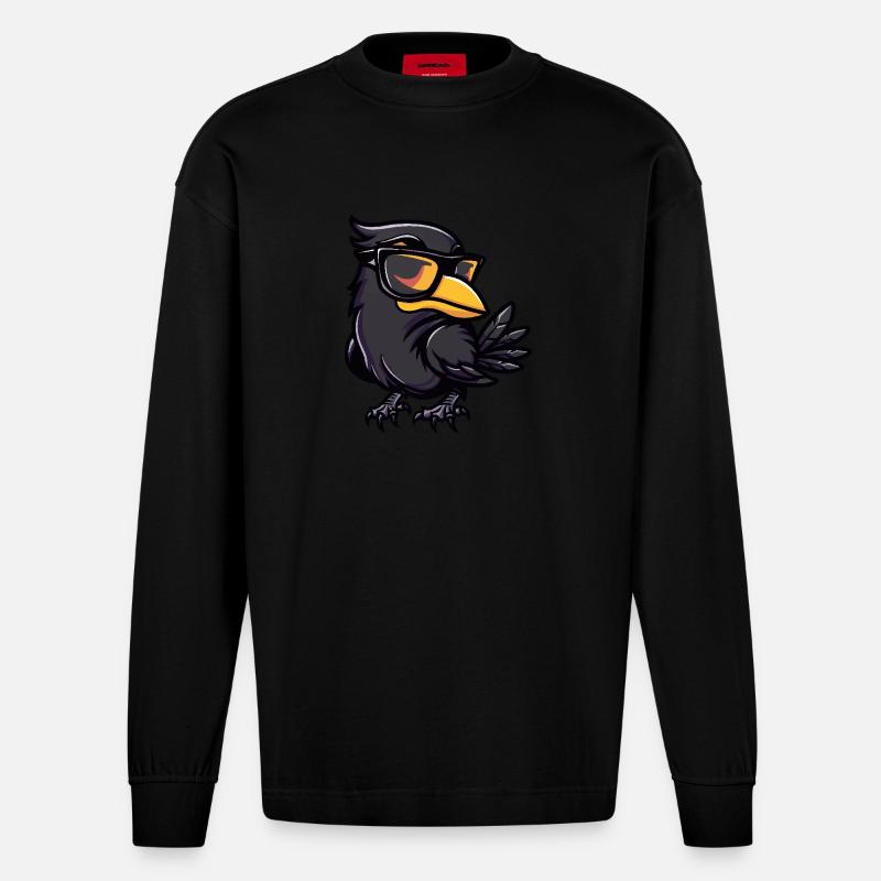 Raven Crow Cool Comic - Heavyweight Oversized Organic Longsleeve Shirt Made in EU - SOLID BLACK