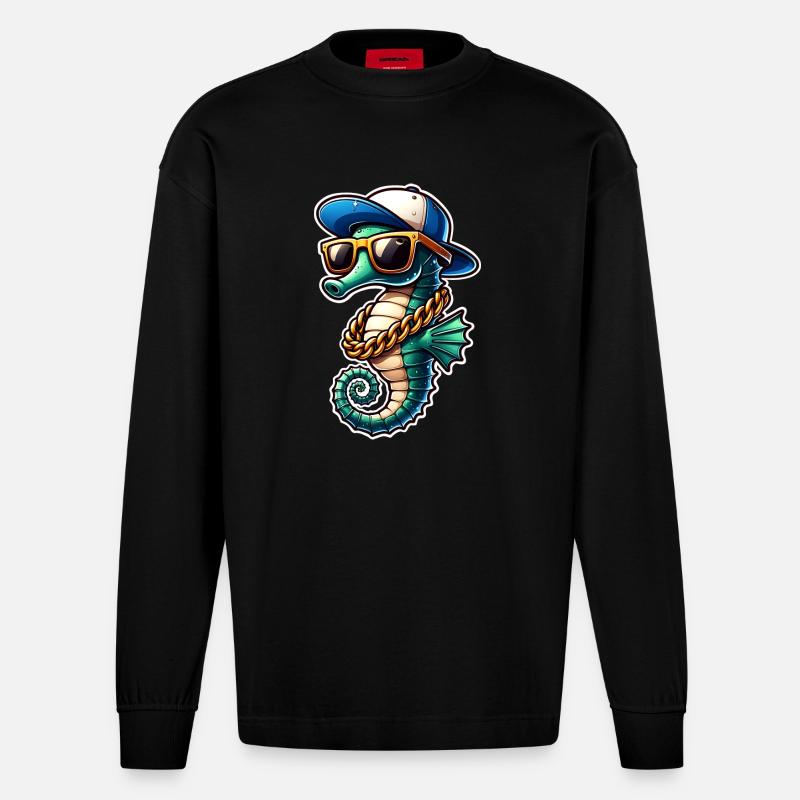 Seepferd Seepferdchen - Heavyweight Oversized Organic Langarmshirt Made in EU - SOLID BLACK