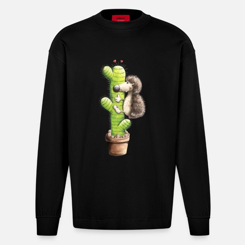 Hérisson et cactus - Manches longues bio épais oversize fabriqué en UE - SOLID BLACK