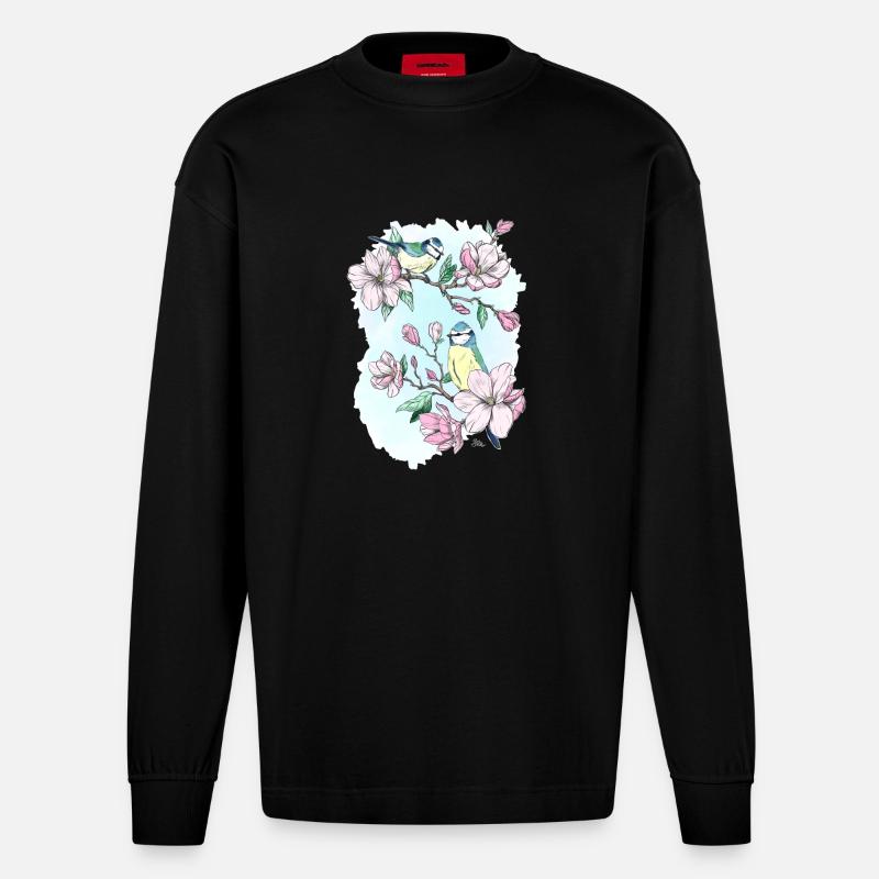 Bleu et magnolias - Manches longues bio épais oversize fabriqué en UE - SOLID BLACK