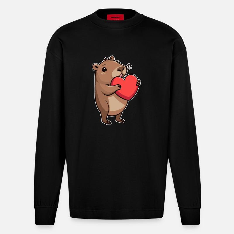 Capybara avec coeur Saint-Valentin - Manches longues bio épais oversize fabriqué en UE - SOLID BLACK