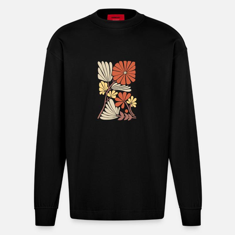Boho Blumen Muster - Heavyweight Oversized Organic Langarmshirt Made in EU - SOLID BLACK