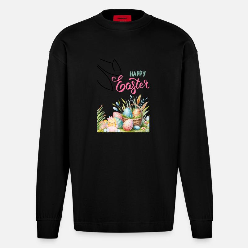 Pastell Ostern Korb und Eier - Heavyweight Oversized Organic Langarmshirt Made in EU - SOLID BLACK