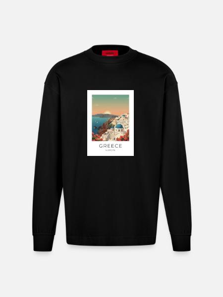 Santorini Sunset Coastal View - Heavyweight Oversized Organic Longsleeve Shirt Made in EU - SOLID BLACK