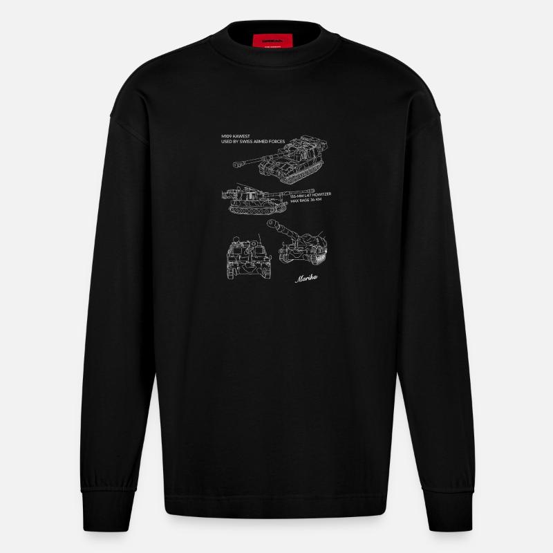 Panzerlinien im Bauplan - Heavyweight Oversized Organic Langarmshirt Made in EU - SOLID BLACK