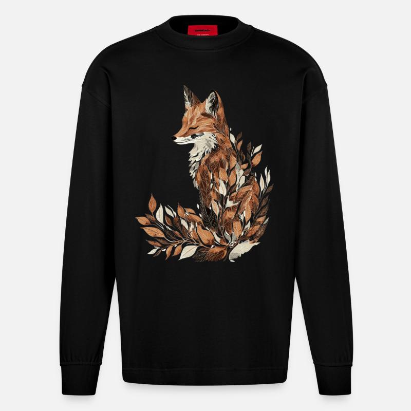 Renard, Automne, Feuilles, Feuillage - Manches longues bio épais oversize fabriqué en UE - SOLID BLACK