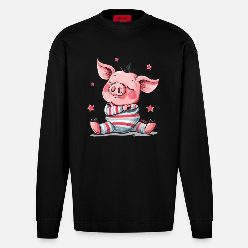 Cochon mignon qui dort - Manches longues bio épais oversize fabriqué en UE - SOLID BLACK