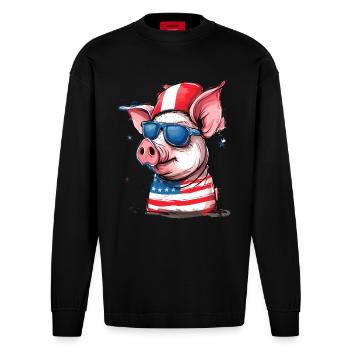 Pigtriotian Patriot : Cochon des États-Unis - Manches longues bio épais oversize fabriqué en UE - SOLID BLACK - Devant