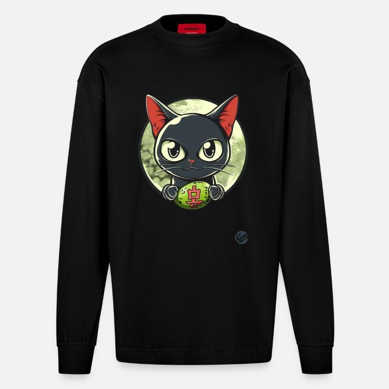 Japanische graue Katze - Heavyweight Oversized Organic Langarmshirt Made in EU - SOLID BLACK